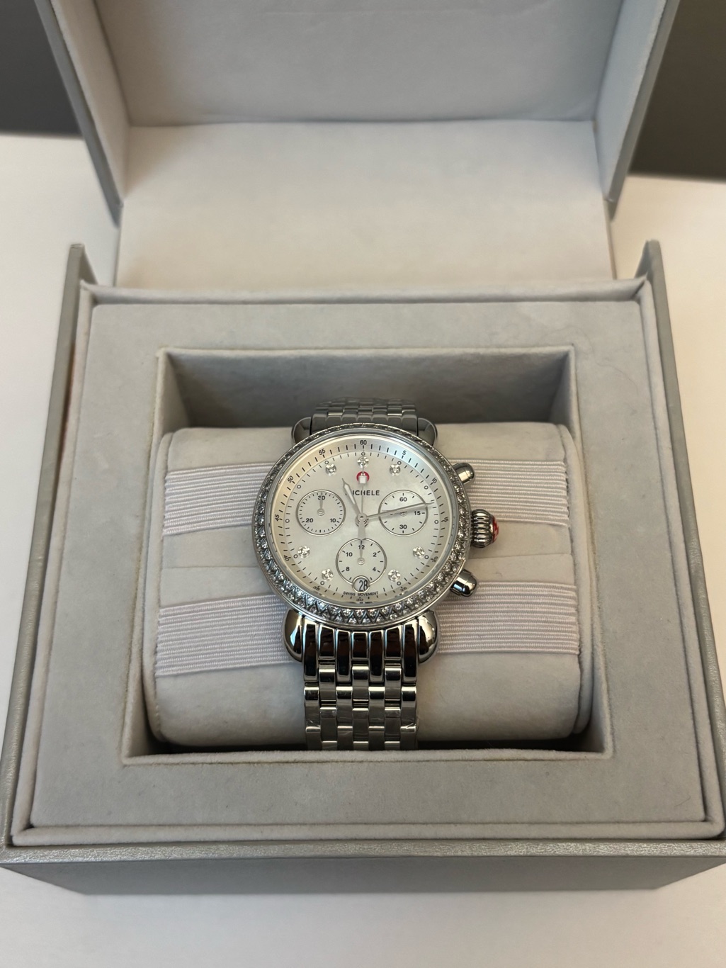 Michele Deco Diamond Chronograph Silver Tone MotherOfPearl Dial Crystal Bezel